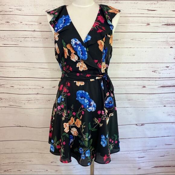 NWT S PARKER Floral Ruffle Black Dress Tie Small Flowers Summer Spring - Picture 1 of 6